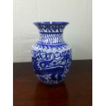 Blue and white oriental vase {30cm H}.