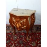 French kingwood inlaid side cabinet with marble top and gilded brass mounts.