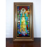 Framed stained glass panel Our Lady Queen of Ireland {82cm H x 42cm W}.