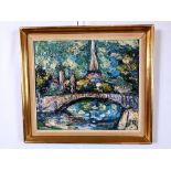 Preben Rasmussen " Cityscape with the Eiffel Tower and Seine River " Oil on board Circa 1940's 15.