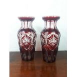 Pair of decorative cut glass vases {36cm H}.