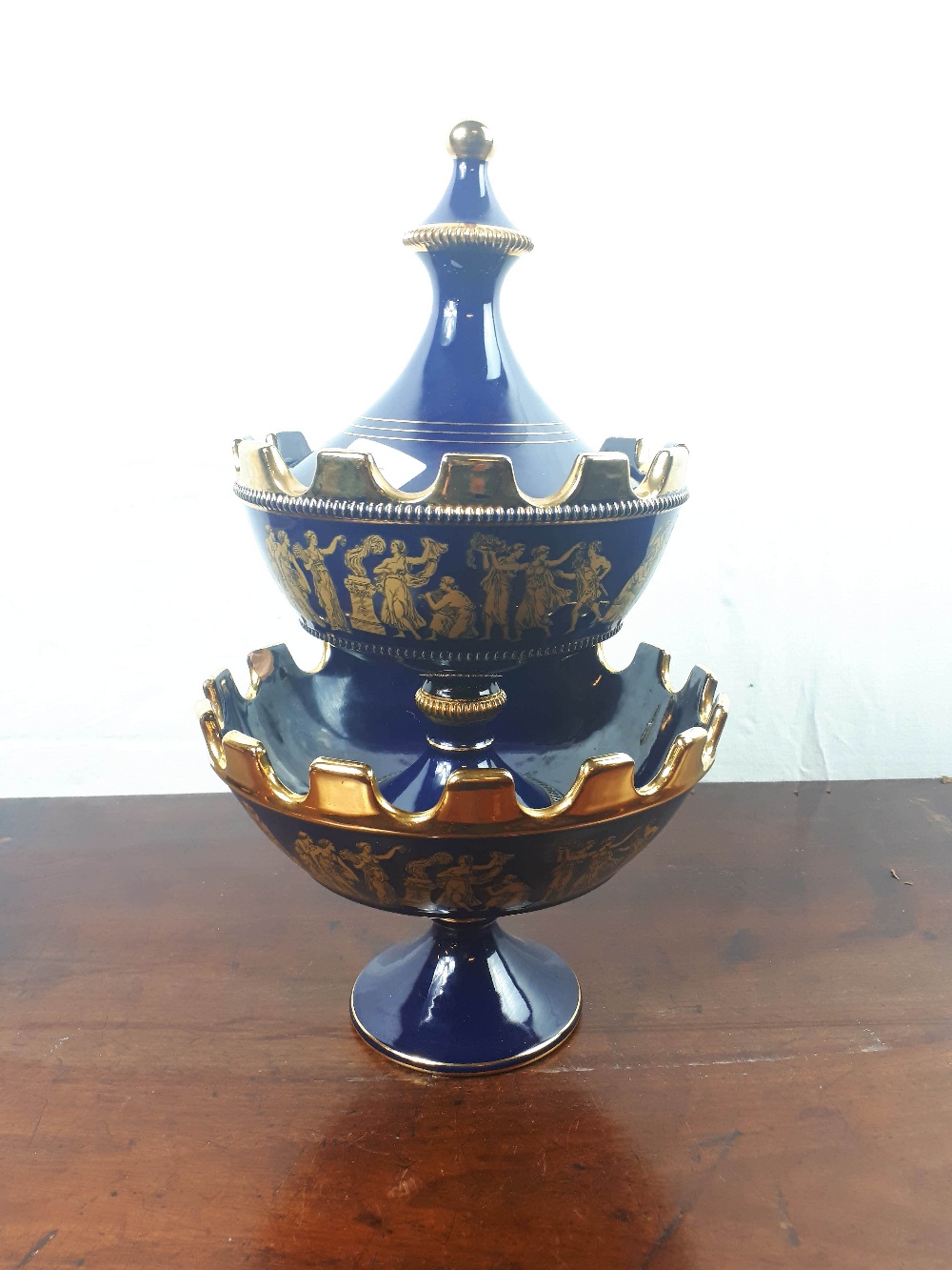 Two tier ceramic with gilded decoration in the Neo Classical style serving dish {36cm H}.