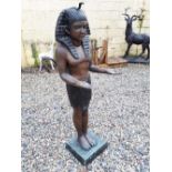 Bronze statue of a Pharaoh standing with outswept hands. { 114cm H }.