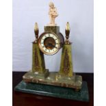 Edwardian green marble mantle clock with gilded brass mounts and enamel dial surmounted by a Boy in