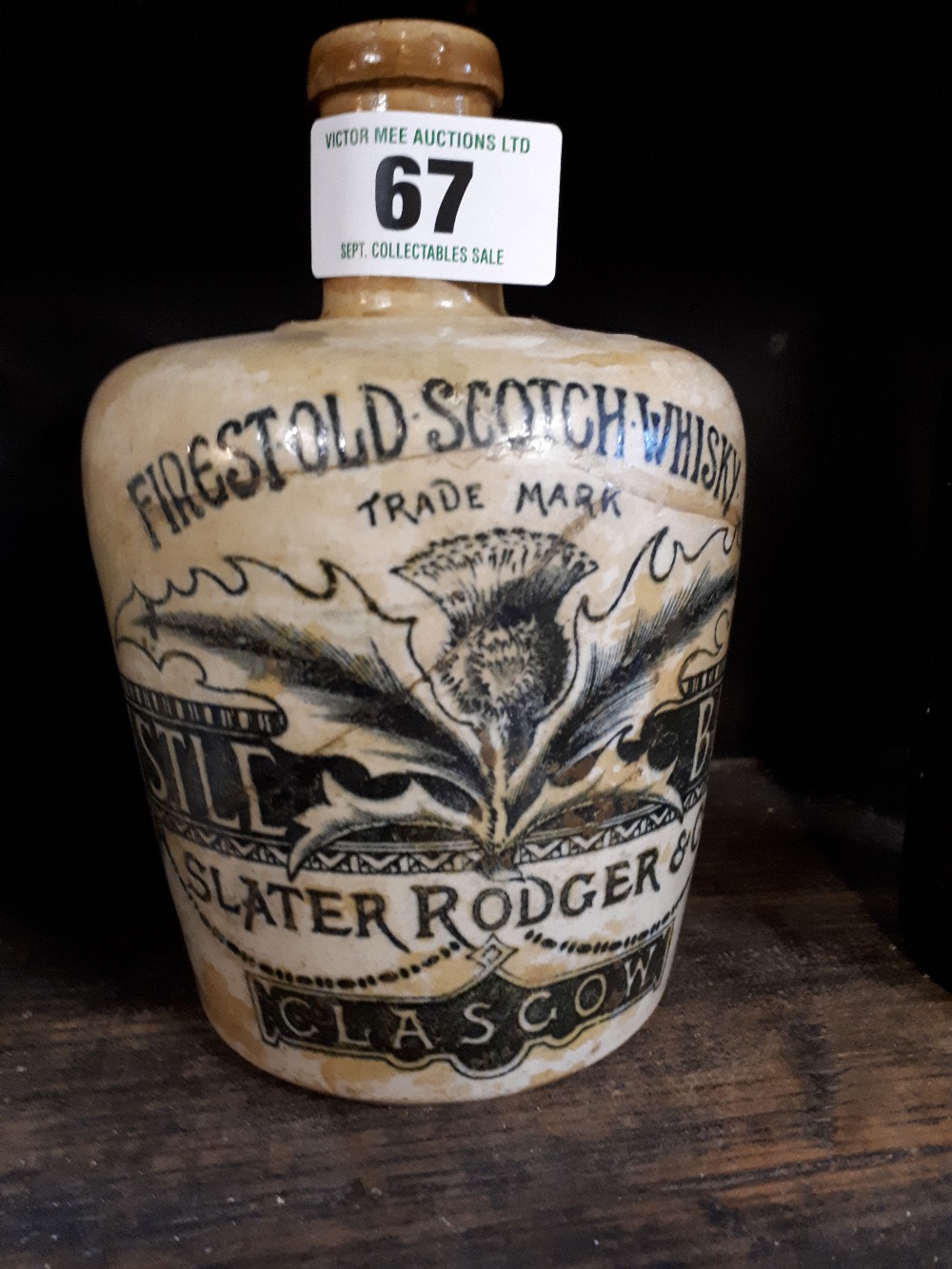 19th. C. stone ware flagon - Finest Old Scotch Whiskey, Slater Roger & Co Glasgow.