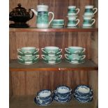 Three Shelves of Ceramics & Pottery: Victorian black & gilt teapot on stand,