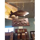Antique New York Adirondacks wooden folk art advertising sign Tackle Bait and Lures.