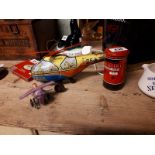 Tin plate Post Office money box, tin plate helicopter and toy aeroplane.