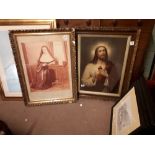 Ornate framed Sacred Heart picture and Gilt framed picture of Nun.