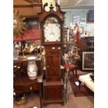 19th. C. mahogany long cased clock with painted arched dial.