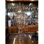 Rare Old Scotch Whiskey etched glass dispenser with original brass tap.