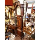 19th. C. mahogany long cased clock with painted arched dial.