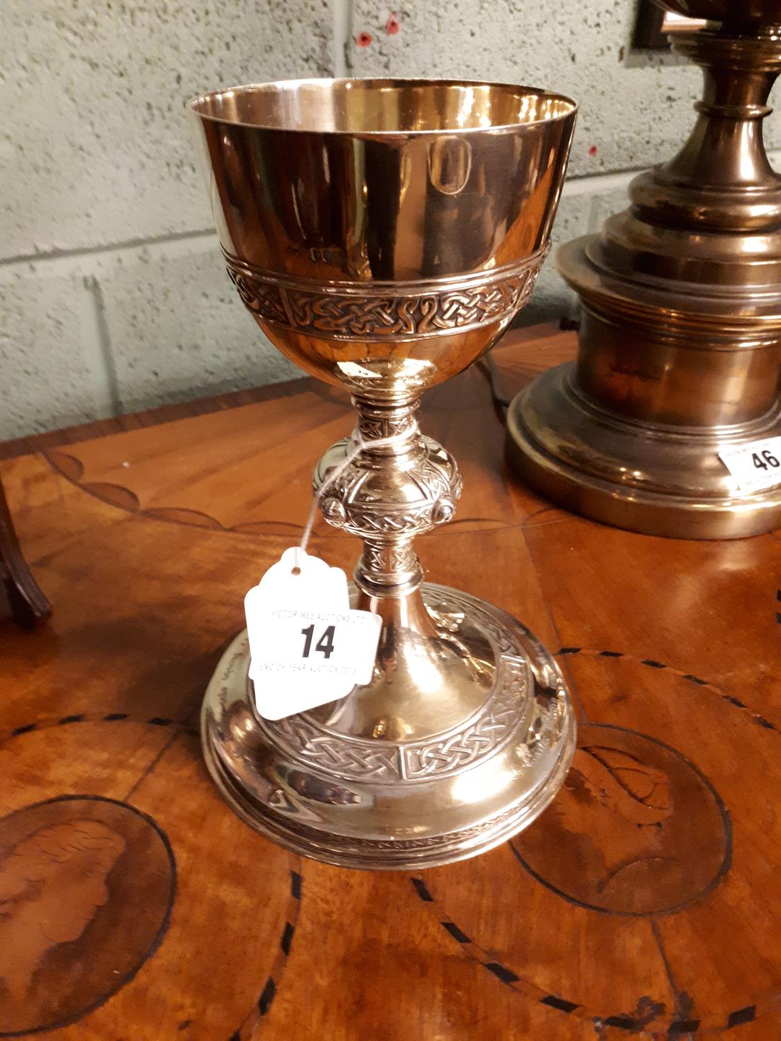 Silver Chalice with celtic design and Paten in case. Hallmarked J Smith Dublin 1955.v (Chalice 21.