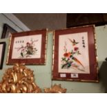 Pair of Oriental embroided silk pictures 39cm H x 30cm W}.