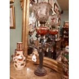 Art Nouveau gilded metal table lamp base in the form of a Lady with ruby bowl and etched shade.