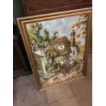 Framed tapestry of tatched cottage horse and cart.