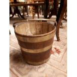 19th C. oak log bucket with brass hoops.