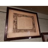 Framed facsimile letter dated MAY 1910 and framed embroidered picture.