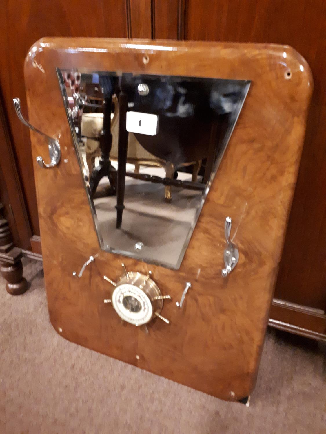 Art Deco walnut wall mounted coat hangers and mirror.