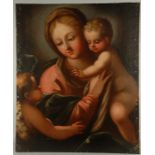 Dipinto olio su tela raff. ''MADONNA CON BAMBINO E SAN GIOVANNINO''. XVII secolo. Rintelato e