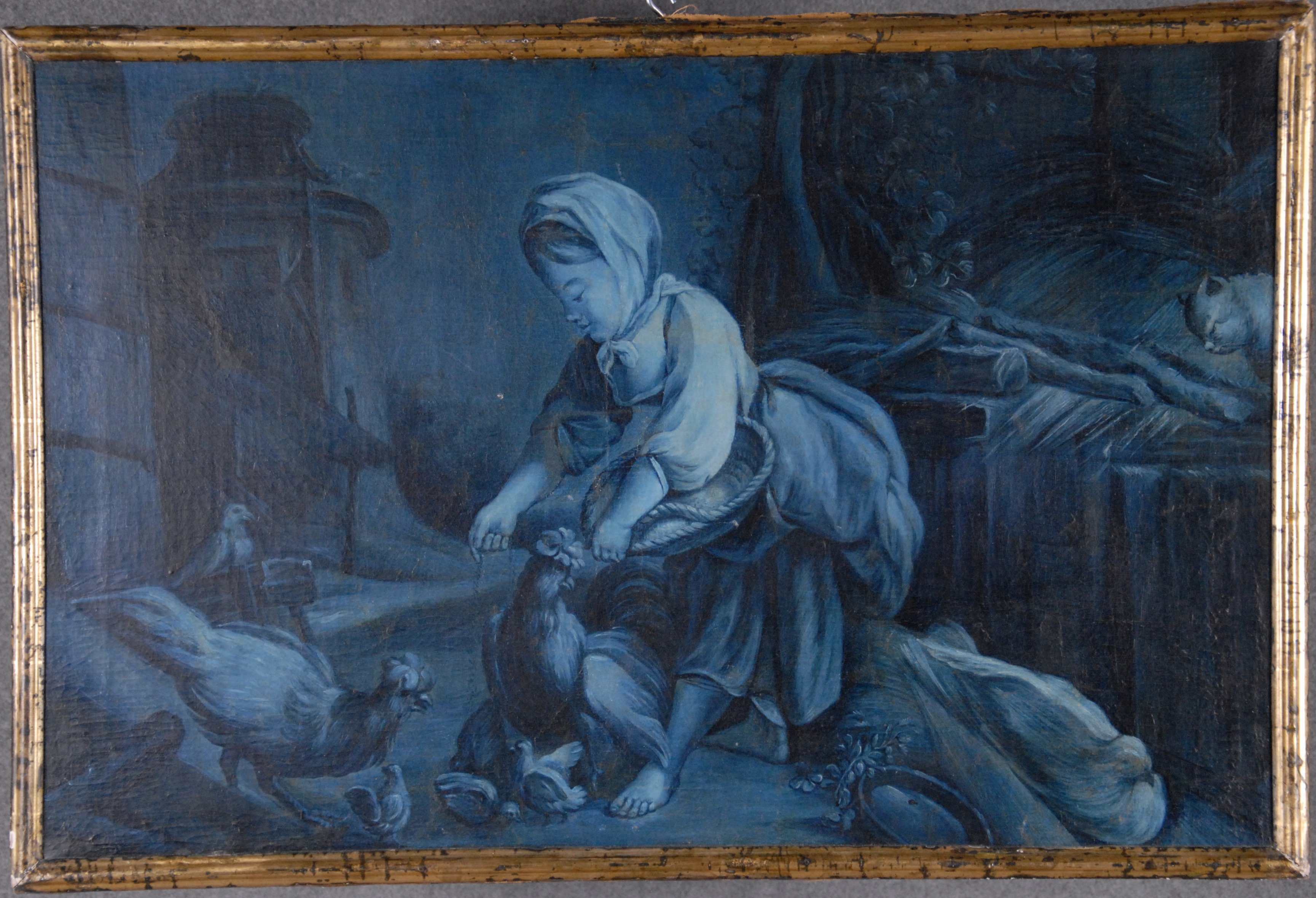 Dipinto olio su tela raff. ''BIMBA NEL POLLAIO''. XIX secolo. In cornice. Restauri. Mis. Lung. cm.