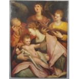 Dipinto olio su tavola raff. ''SACRA FAMIGLIA CON ANGELI MUSICANTI''. XVIII secolo. Difetti. Mis.