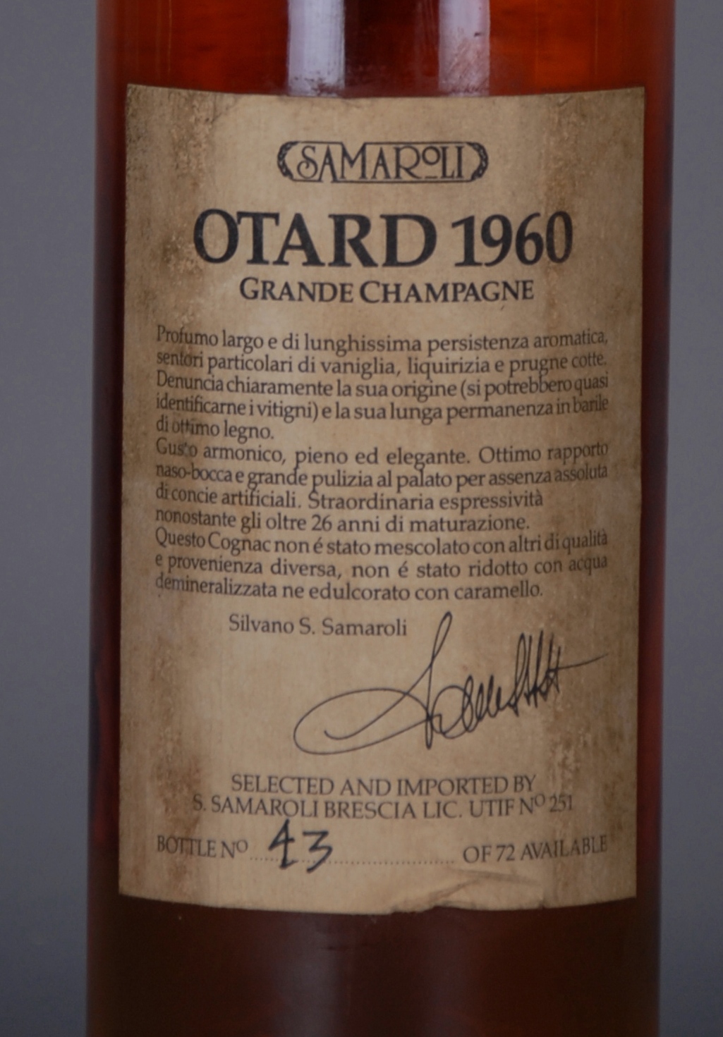 Cognac OTARD. Grande Champagne. Vintage 1960. Spedito in Inghilterra nel 1961 e imbottigliato nel - Image 5 of 5