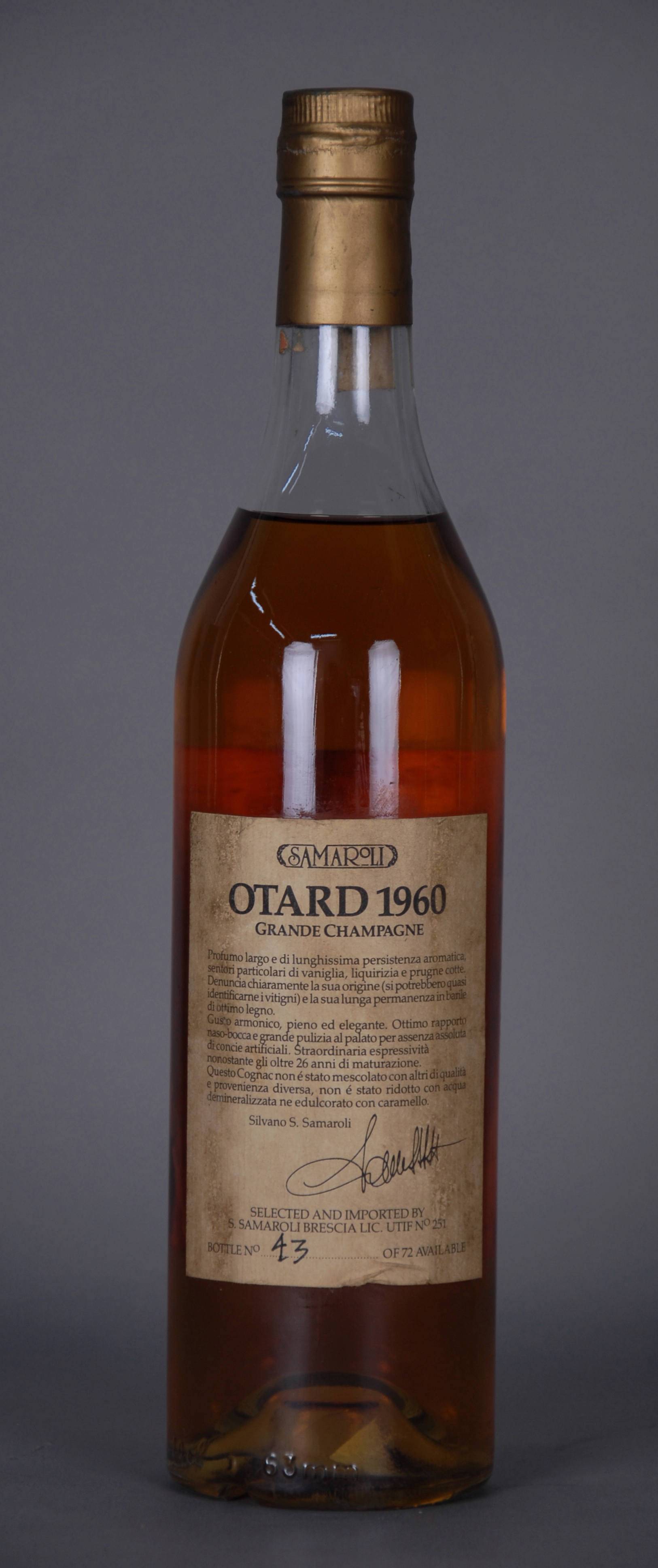 Cognac OTARD. Grande Champagne. Vintage 1960. Spedito in Inghilterra nel 1961 e imbottigliato nel - Image 4 of 5