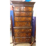 GEORGE III STYLE MAHOGANY CHEST ON CHEST WITH A GREEK KEY PATTERN AND BLIND FRET TRACERY MOULDED