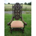 LATE 17TH CENTURY STYLE CARVED OAK HIGH BACK ARMCHAIR WITH UPHOLSTERED SEAT 145CM H APPROX