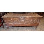 17TH CENTURY OAK BOARDED CHEST WITH CARVED DECORATION 115CM W X 54CM H X 40CM D