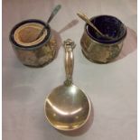 DANISH STERLING SILVER CADDY SPOON AND PAIR OF SILVER PRESERVE POTS