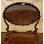 MAHOGANY AND CHEQUER BANDED OVAL TOILET MIRROR ON TRESTLE FRAME