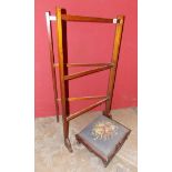 EARLY VICTORIAN ROSEWOOD UPHOLSTERED STOOL ON SCROLL LEGS 33CM W AND A 20TH CENTURY FOLDING CLOTHES