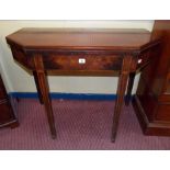 GEORGE III MAHOGANY AND CHEQUER STRUNG FOLDOVER CARD TABLE WITH HINGED CANTED EDGED RECTANGULAR TOP