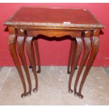 NEST OF THREE MAHOGANY SPIDER LEG TABLES CARVED WITH SHELL DECORATION 59CM H