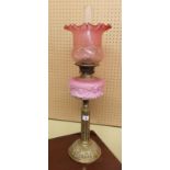 VICTORIAN BRASS AND GLASS OIL LAMP WITH CRANBERRY FLARED SHADE AND PINK RELIEF MOULDED OPAQUE