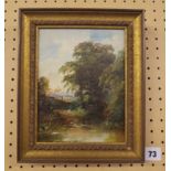 20TH CENTURY ENGLISH SCHOOL UNSIGNED OIL ON BOARD FIGURE ON A RIVER LANDSCAPE F/G 15CM X 19CM