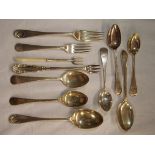 BAG OF MISCELLANEOUS SILVER TEASPOONS AND PICKLE FORK