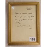 FRAMED AND GLAZED THANK YOU NOTE ON DOWNING STREET PAPER SIGNED WINSTON CHURCHILL