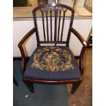 GEORGE III MAHOGANY SHERATON DESIGN ELBOW CHAIR WITH REEDED ARCHED TOP RAIL,