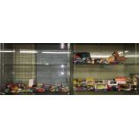 THREE SHELVES OF BOXED AND PLAY WORN DIE CAST MODEL CARS, MATCHBOX, VANGUARD,