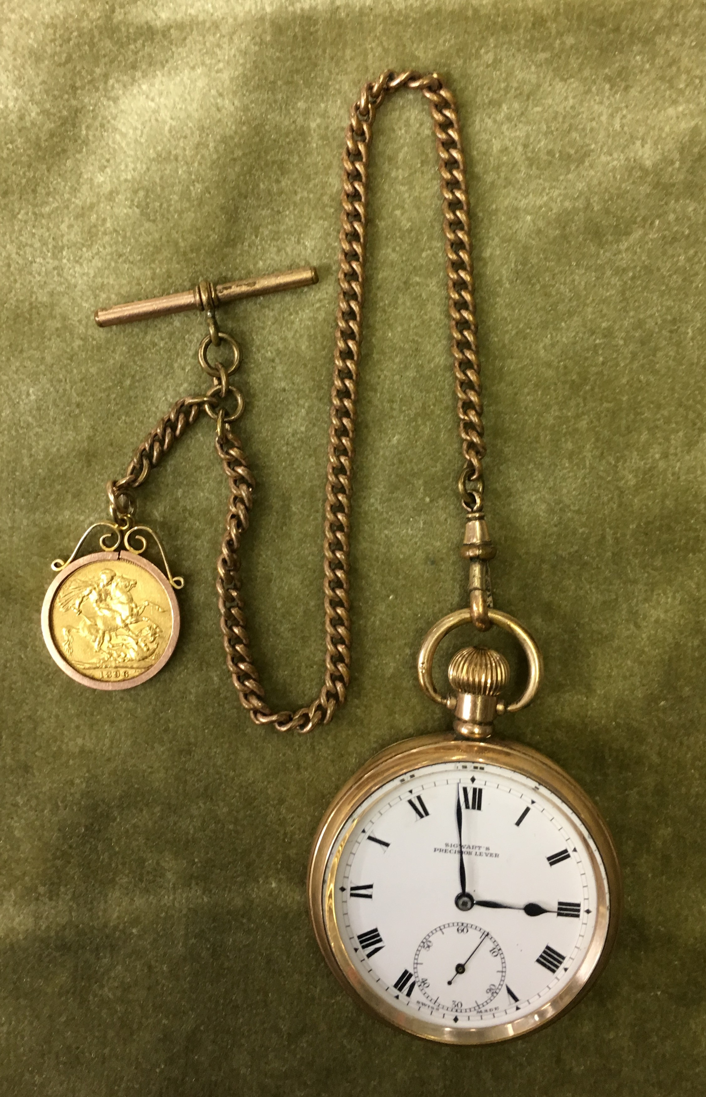 SIGWARTS PRECISION LEVER GOLD PLATED POCKET WATCH AND A PLATED ALBERT WITH A QUEEN VICTORIA VEILED