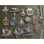 VINTAGE ENAMEL TIN OF ANODIZED ALUMINIUM YEOMANRY REGIMENTAL BADGES