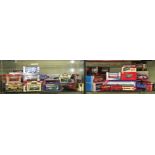 TWO SHELVES OF DIECAST MODEL SINGLE AND DOUBLE DECKER BUSES,