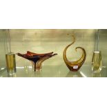 MURANO FREE FORM AMBER GLASS BOWL AND ABSTRACT BASKET AND TWO CASED GLASS VASES