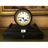 BELGIAN BLACK SLATE DRUM MANTEL CLOCK INLAID WITH MALACHITE,