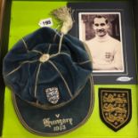 ENGLAND FOOTBALL INTERNATIONAL CAP V HUNGARY 1953 AWARDED TO GIL MERRICK ALONG WITH A SEW ON