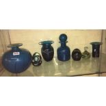 SEVEN PIECES OF MDINA BLUE TRAILED GLASS WARE INCLUDING GLOBULAR VASE, CYLINDRICAL VASE,