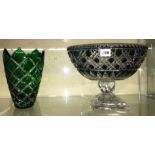 BOHEMIAN CUT AND HOBNAIL GLASS PEDESTAL OVAL BOWL AND A GREEN GLASS TAPERED VASE 21CM H AND 20CM H